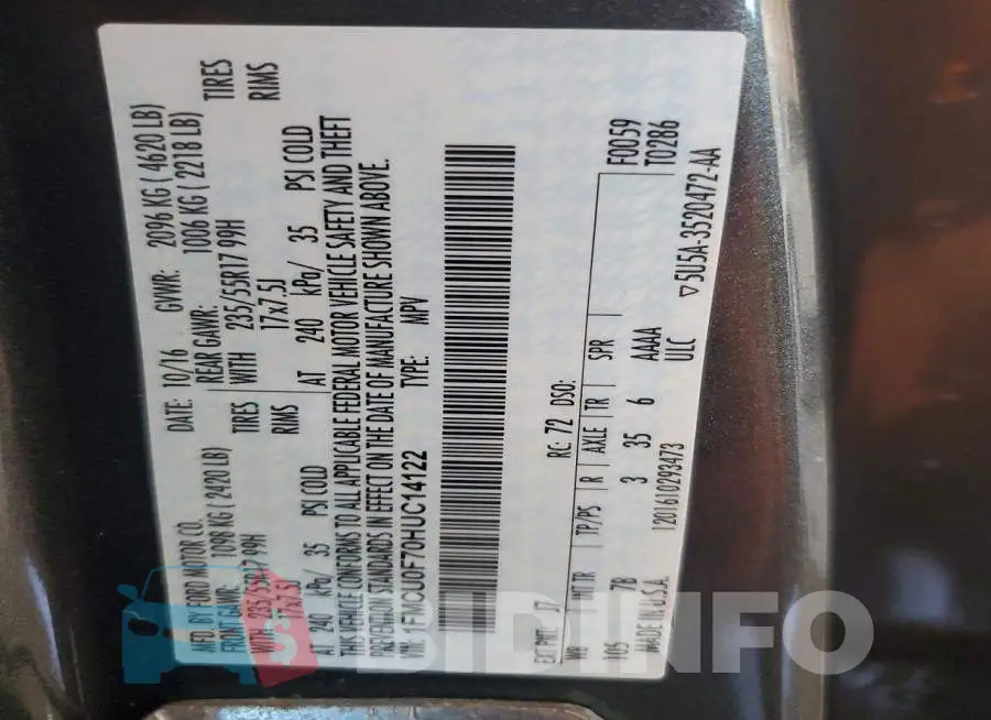 1FMCU0F70HUC14122 Photo# 13