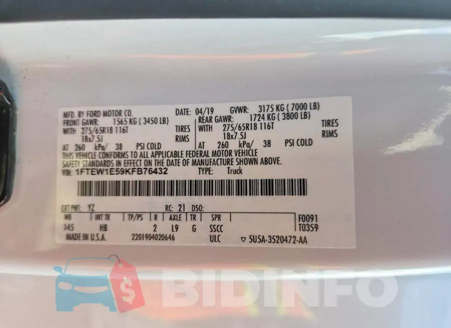 1FTEW1E59KFB76432 Photo# 13