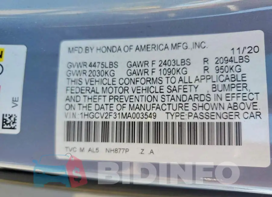 1HGCV2F31MA003549 Photo# 13