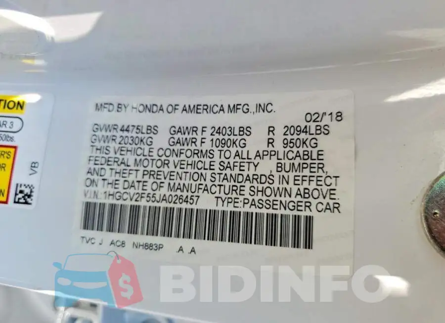 1HGCV2F55JA026457 Photo# 12