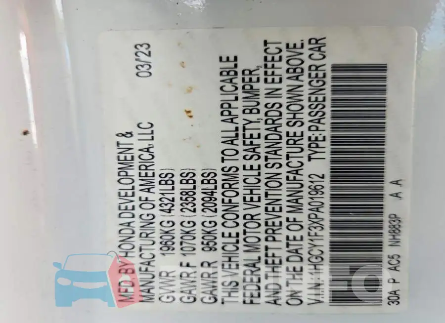 1HGCY1F3XPA019612 Photo# 12
