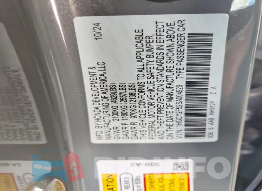 1HGCY2F52SA004926 Photo# 12