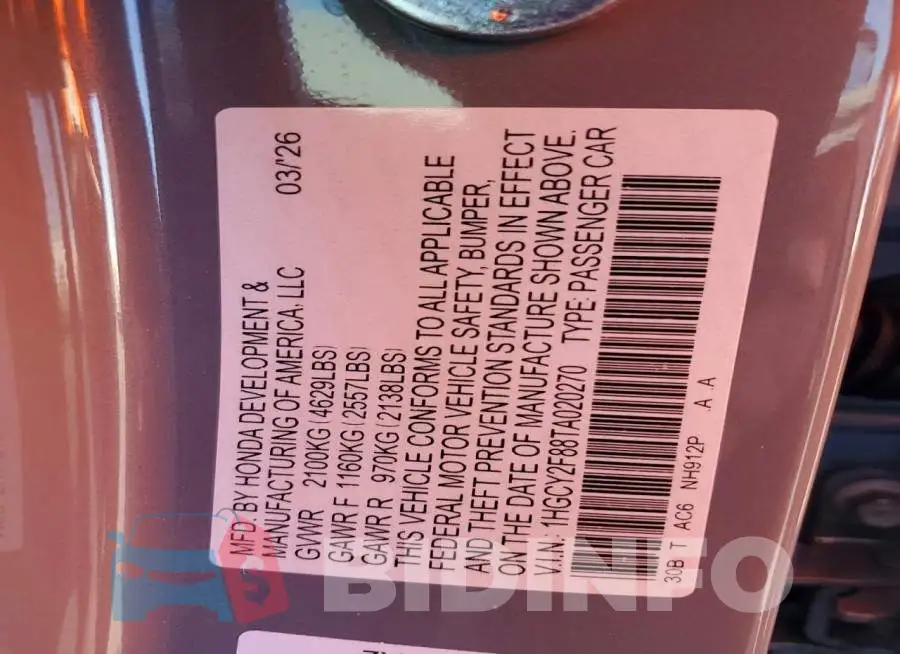 1HGCY2F88TA020270 Photo# 13
