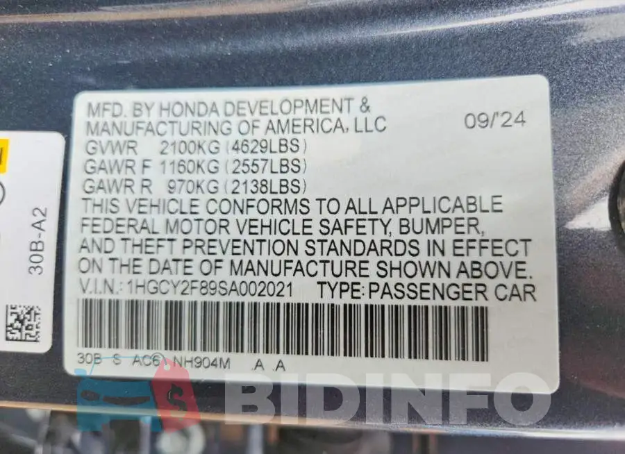 1HGCY2F89SA002021 Photo# 12