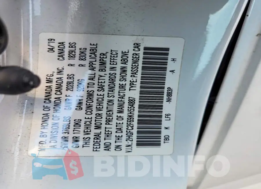 2HGFC2F69KH554887 Photo# 12