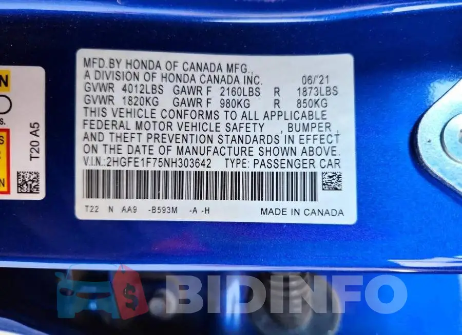 2HGFE1F75NH303642 Photo# 13