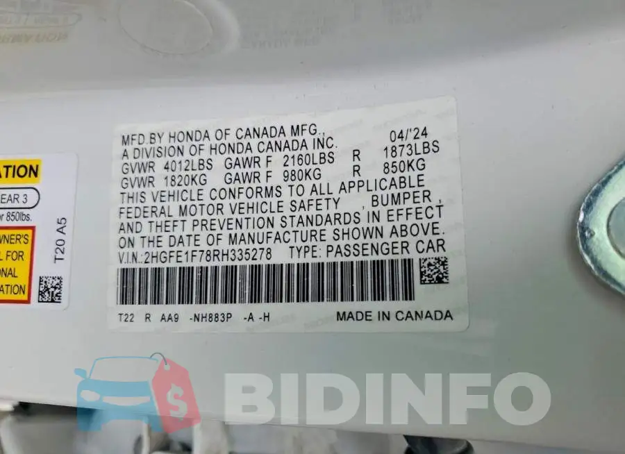 2HGFE1F78RH335278 Photo# 13