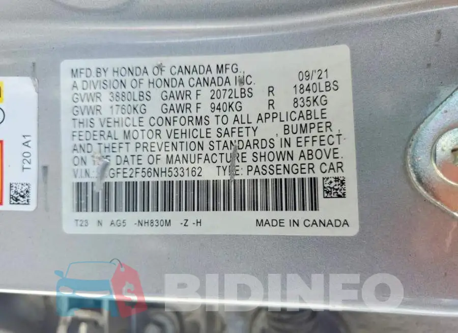 2HGFE2F56NH533162 Photo# 12