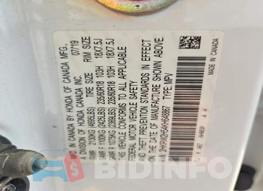 2HKRW2H54KH648867 Photo# 13