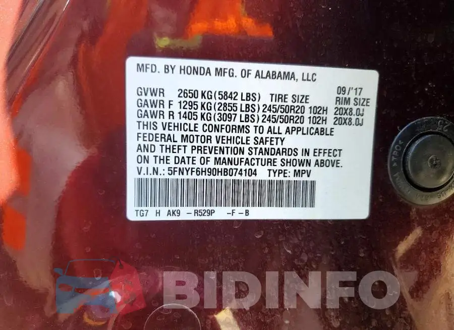 5FNYF6H90HB074104 Photo# 12