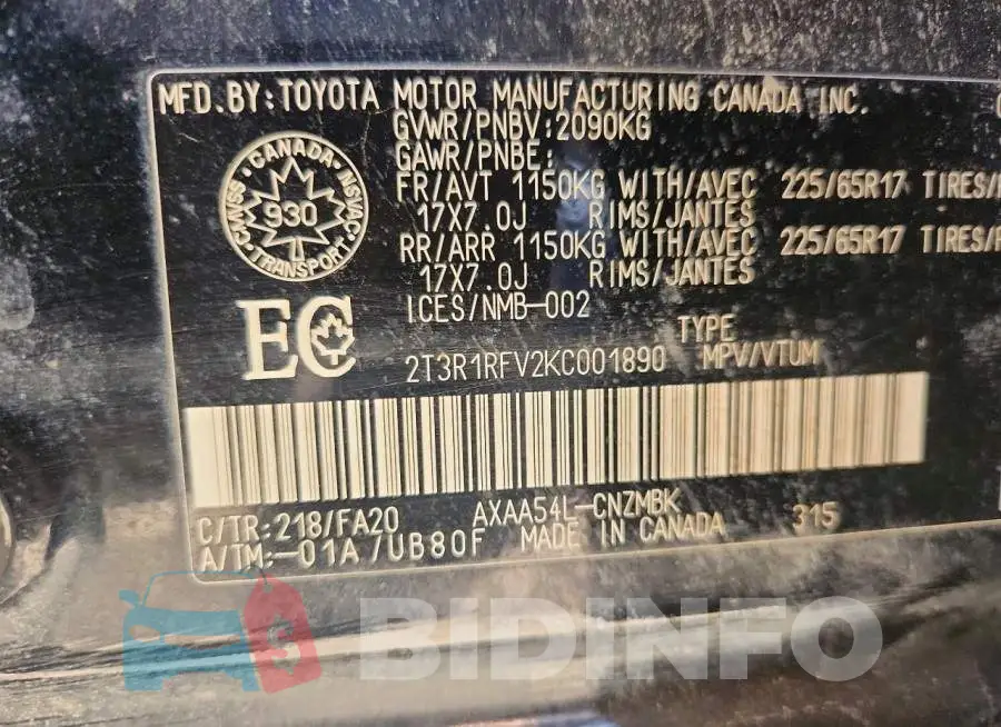 2T3R1RFV2KC001890 Photo# 13