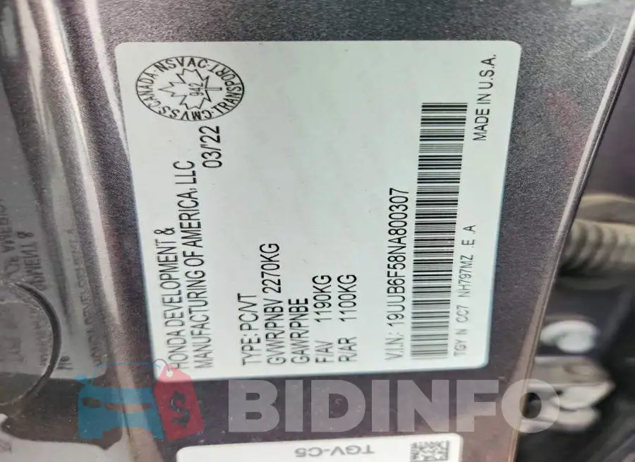 19UUB6F58NA800307 Photo# 12