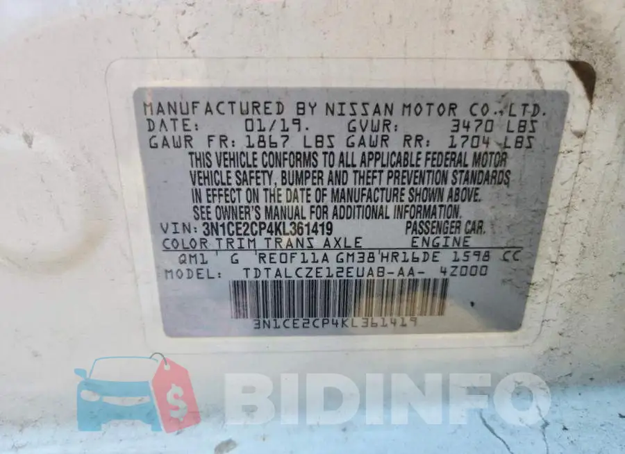 3N1CE2CP4KL361419 Photo# 12