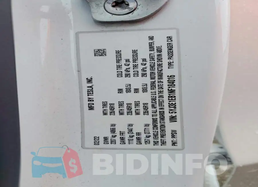 5YJ3E1EB1NF184016 Photo# 13