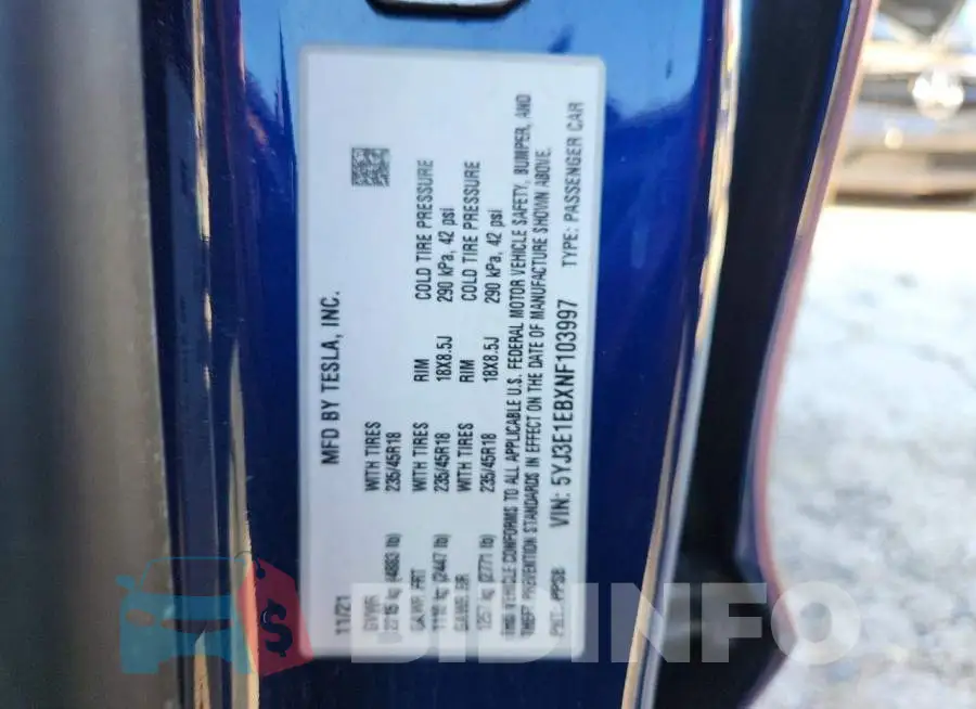 5YJ3E1EBXNF103997 Photo# 12