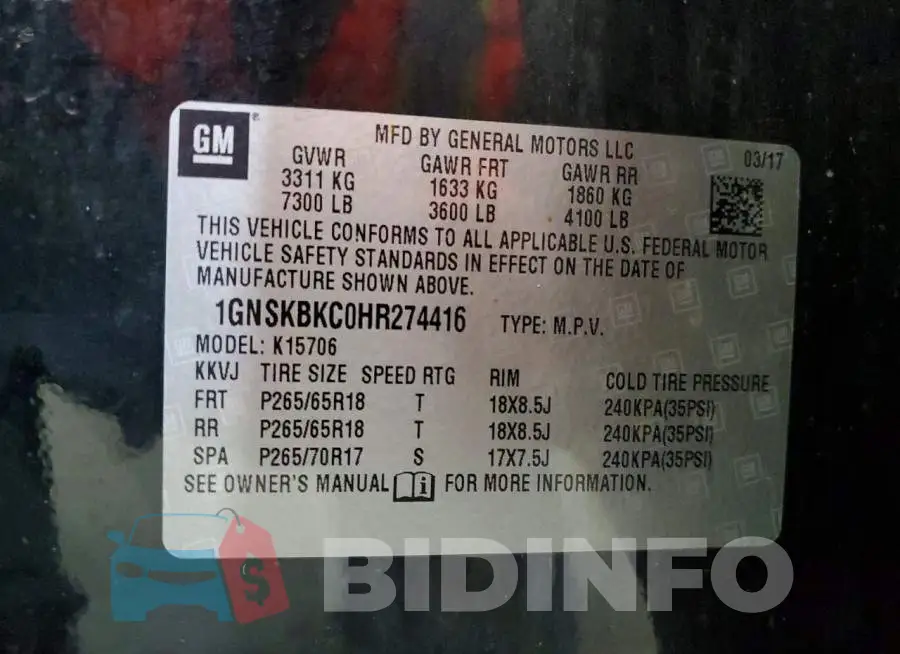 1GNSKBKC0HR274416 Photo# 13