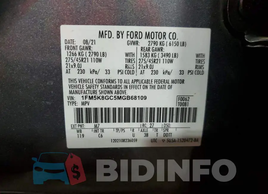 1FM5K8GC5MGB68109 Photo# 12