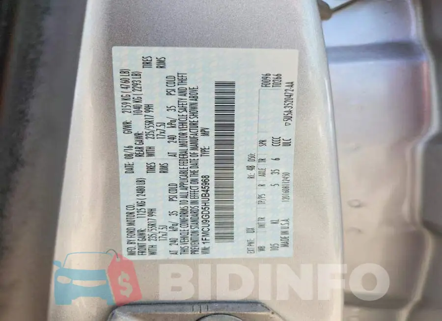 1FMCU9GD5HUB45968 Photo# 12