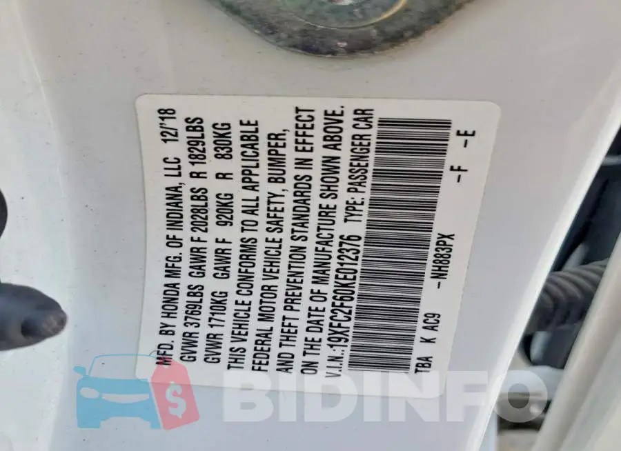 19XFC2F60KE012376 Photo# 12