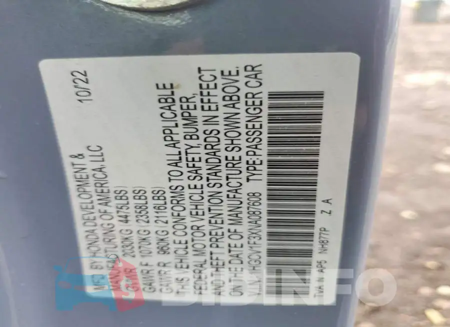 1HGCV1F3XNA087608 Photo# 12