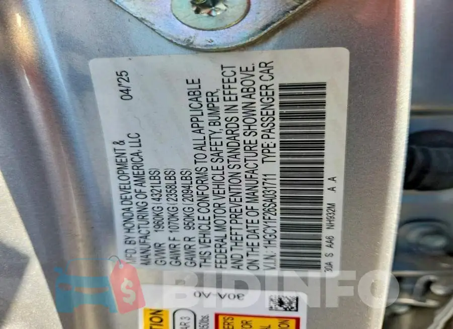 1HGCY1F26SA031711 Photo# 12