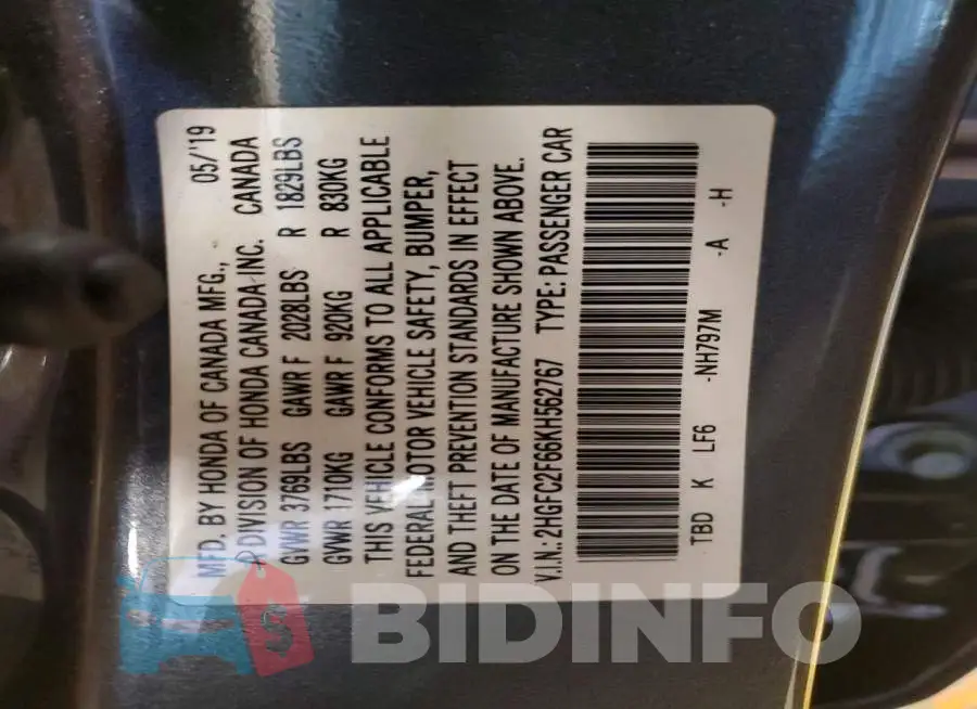 2HGFC2F66KH562767 Photo# 12