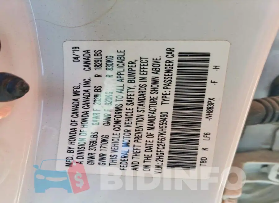 2HGFC2F67KH559490 Photo# 13