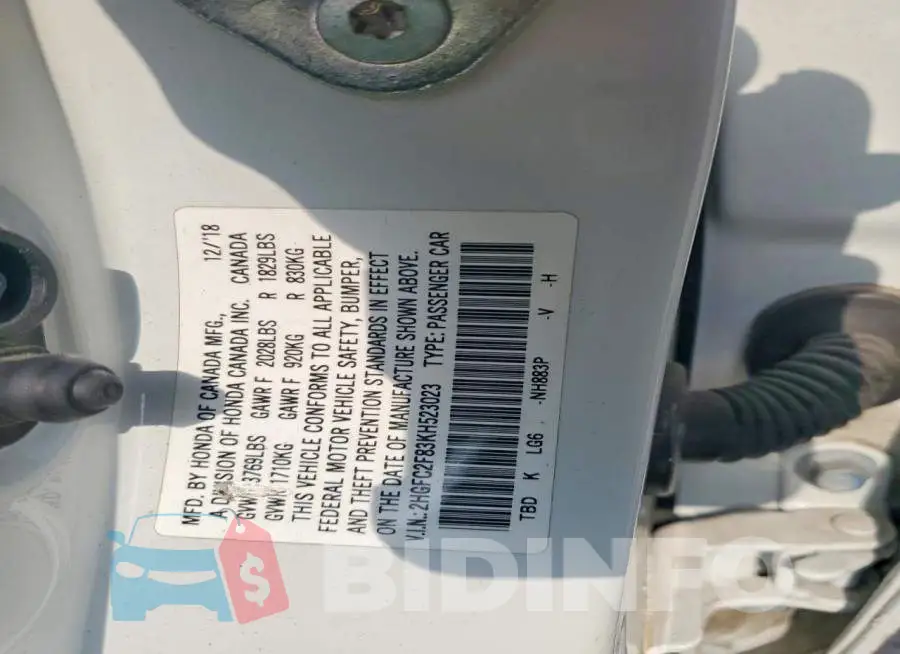 2HGFC2F83KH523023 Photo# 12