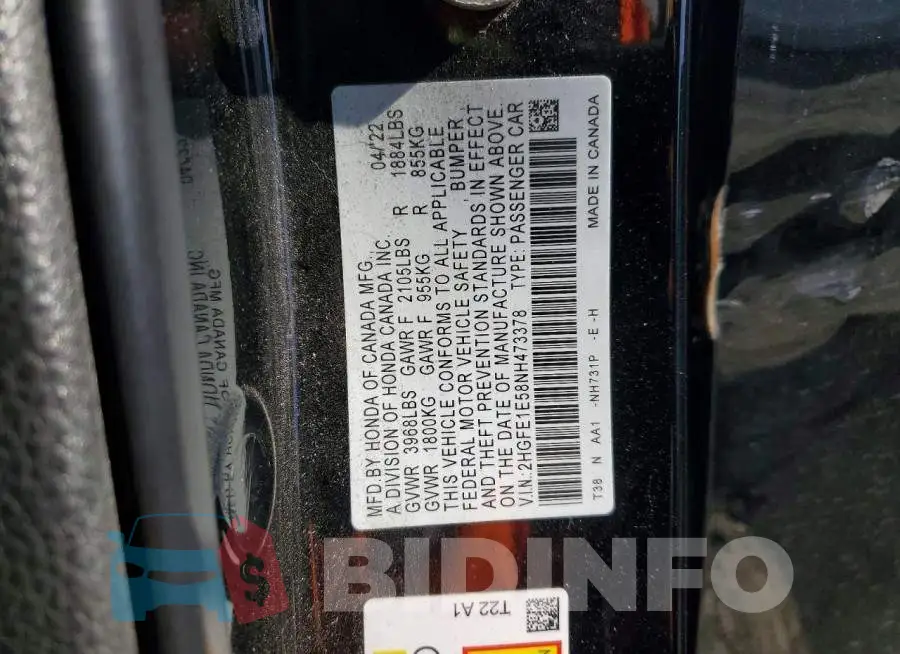 2HGFE1E58NH473378 Photo# 12