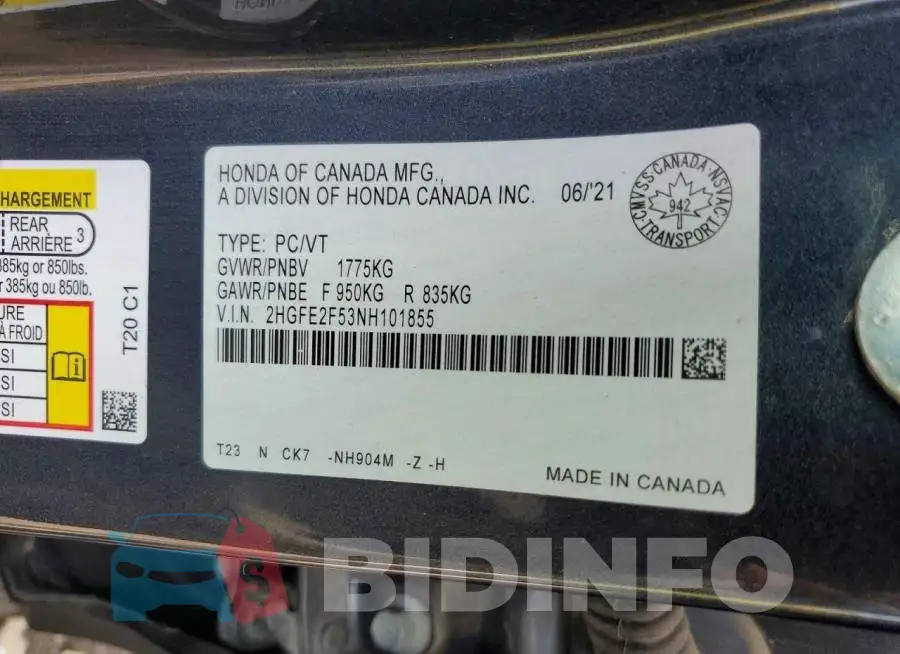 2HGFE2F53NH101855 Photo# 13