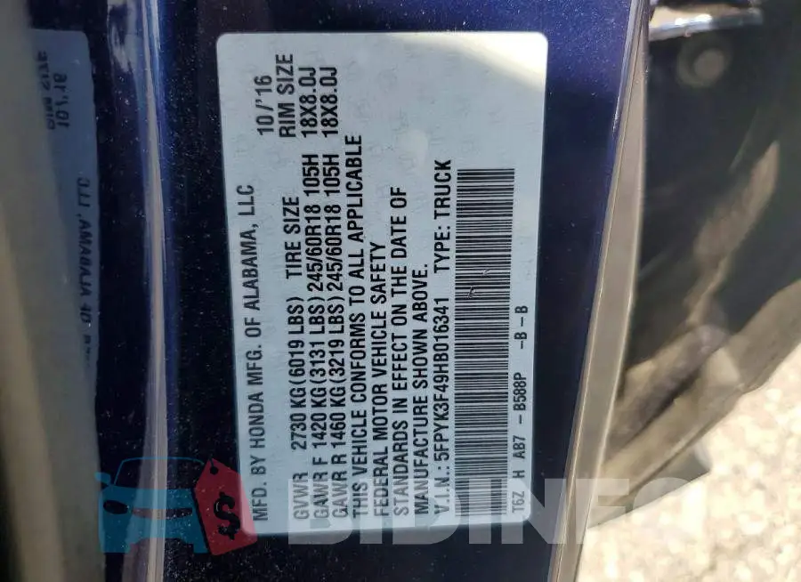 5FPYK3F49HB016341 Photo# 12