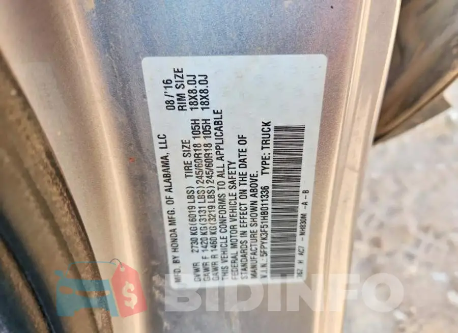5FPYK3F51HB011336 Photo# 12