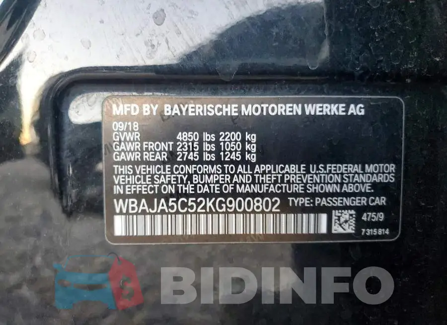 WBAJA5C52KG900802 Photo# 12