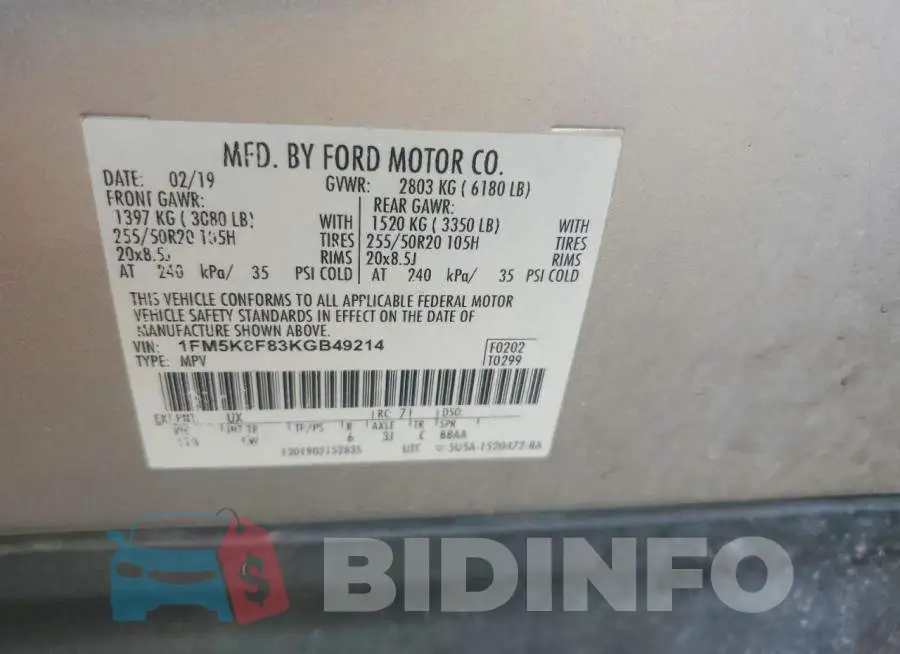 1FM5K8F83KGB49214 Photo# 13