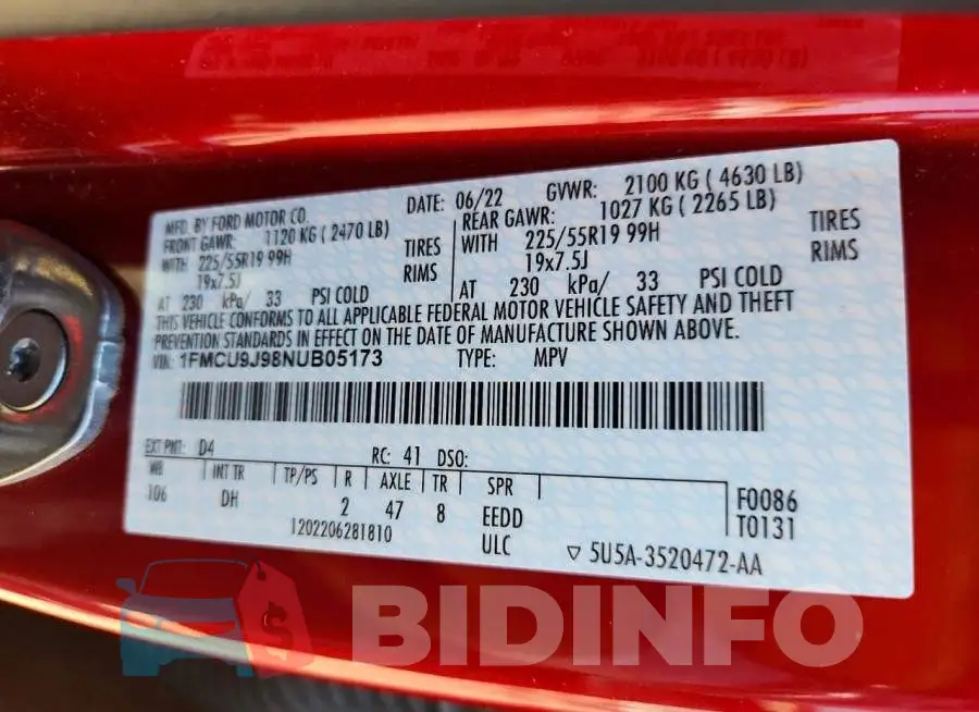 1FMCU9J98NUB05173 Photo# 13