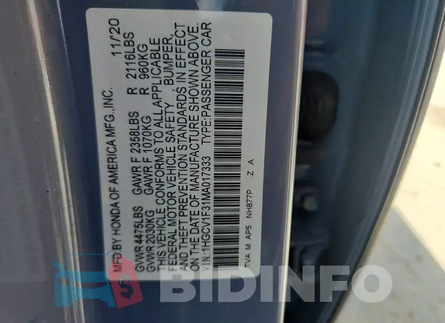 1HGCV1F31MA017333 Photo# 12