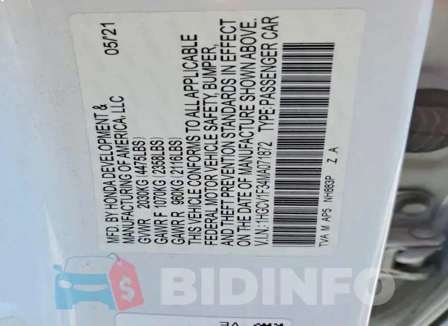 1HGCV1F34MA071872 Photo# 12