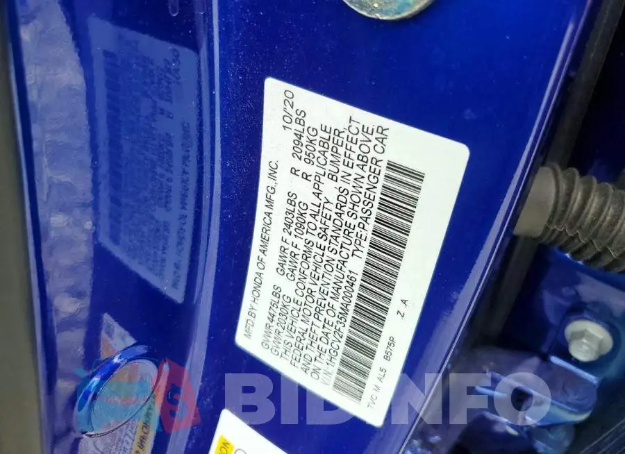 1HGCV2F35MA000461 Photo# 12