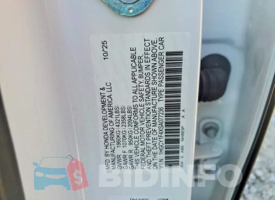 1HGCY1F4XSA077236 Photo# 13