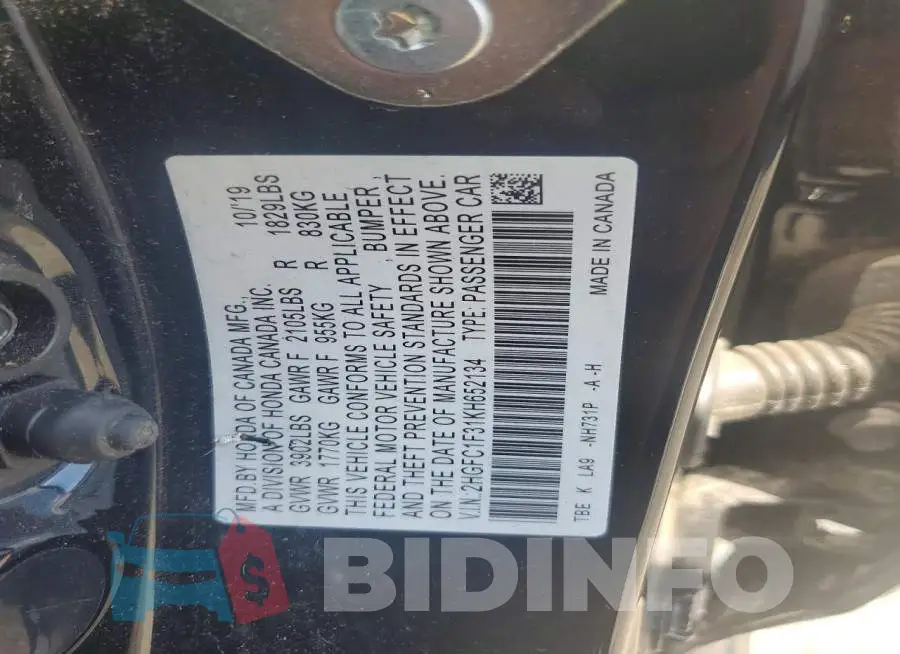 2HGFC1F31KH652134 Photo# 12