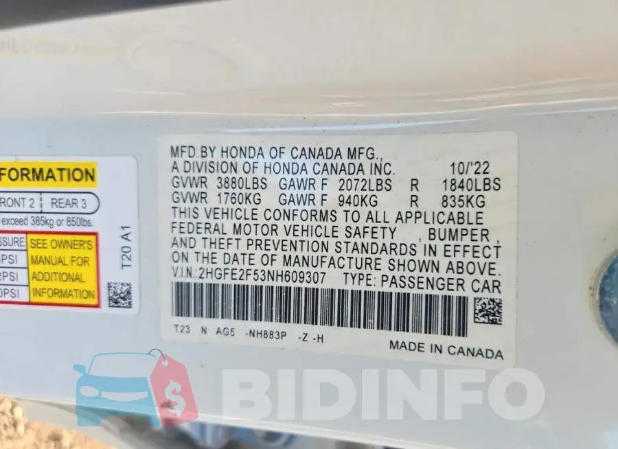 2HGFE2F53NH609307 Photo# 12