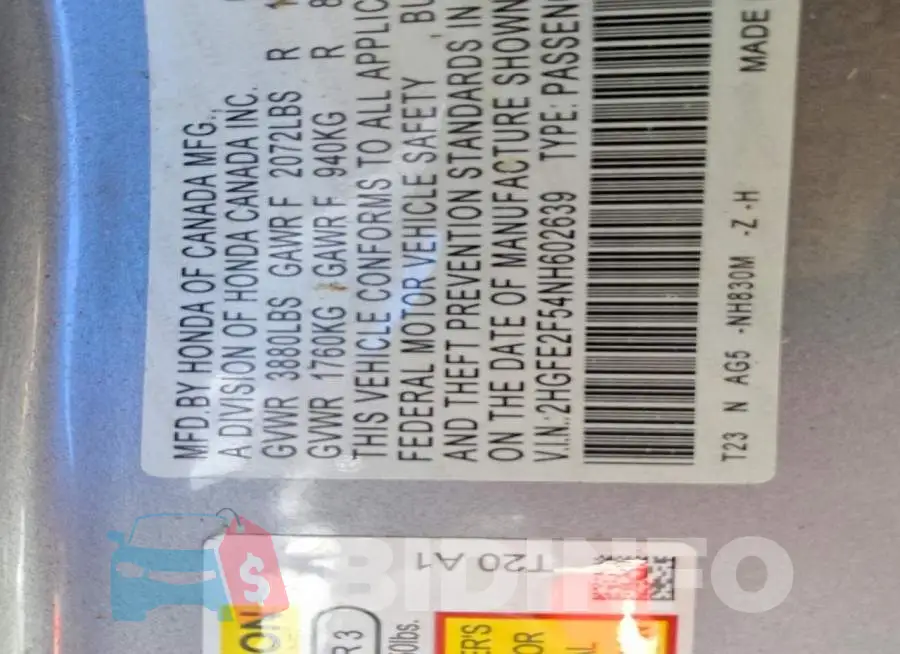 2HGFE2F54NH602639 Photo# 12