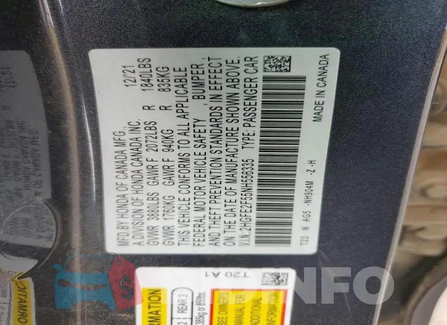 2HGFE2F55NH556335 Photo# 12