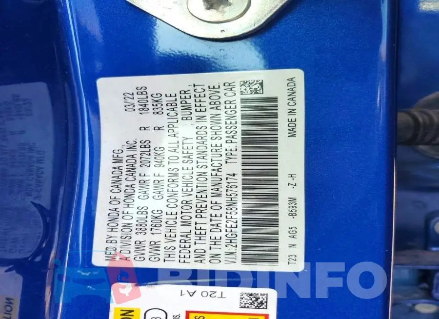 2HGFE2F58NH576174 Photo# 13