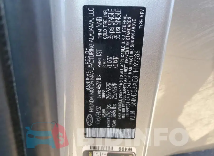 5NMJB3AE8PH192286 Photo# 13
