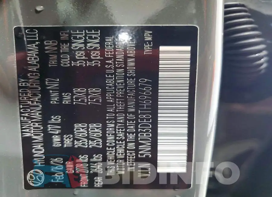 5NMJB3DE8TH696679 Photo# 14