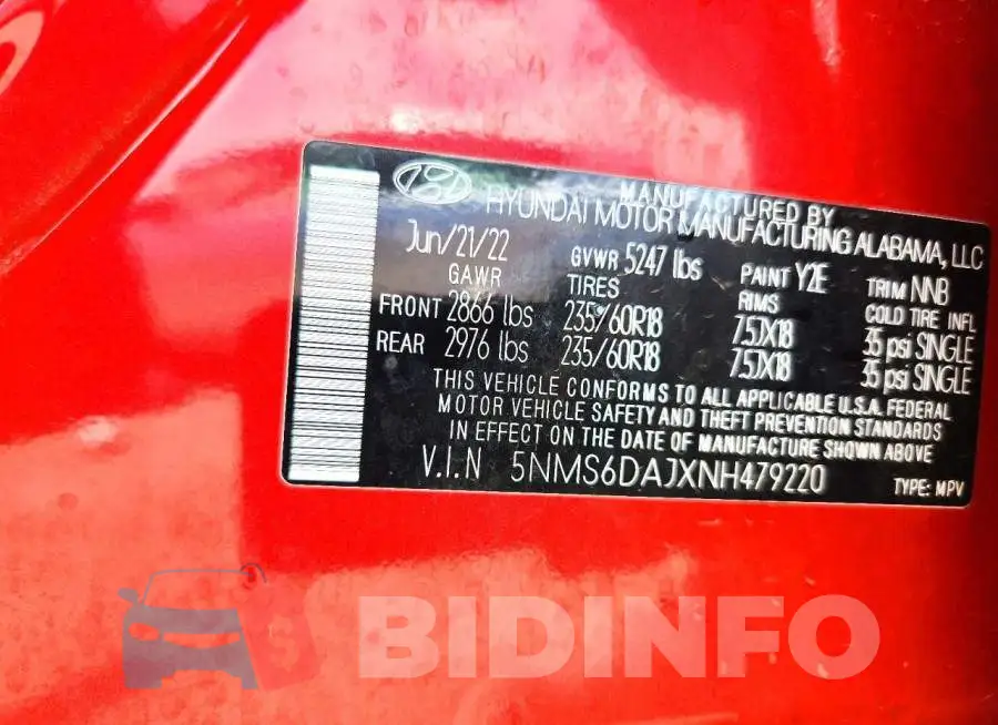 5NMS6DAJXNH479220 Photo# 12