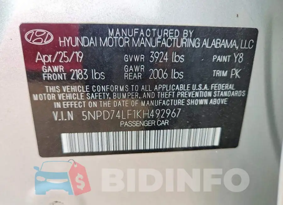 5NPD74LF1KH492967 Photo# 12