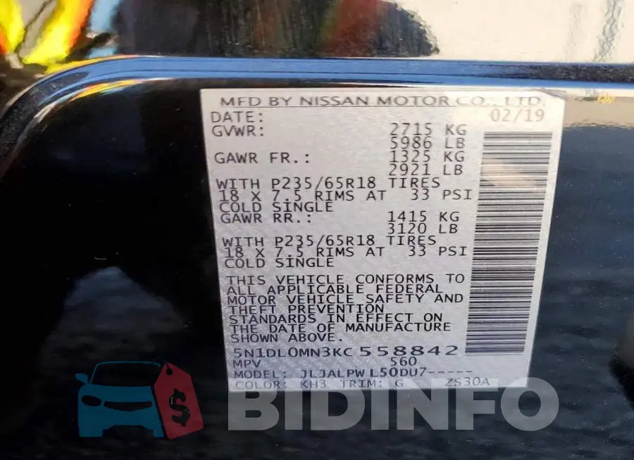 5N1DL0MN3KC558842 Photo# 13