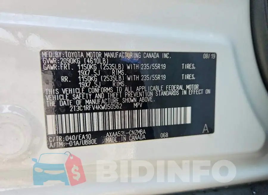 2T3C1RFV4KW050562 Photo# 13